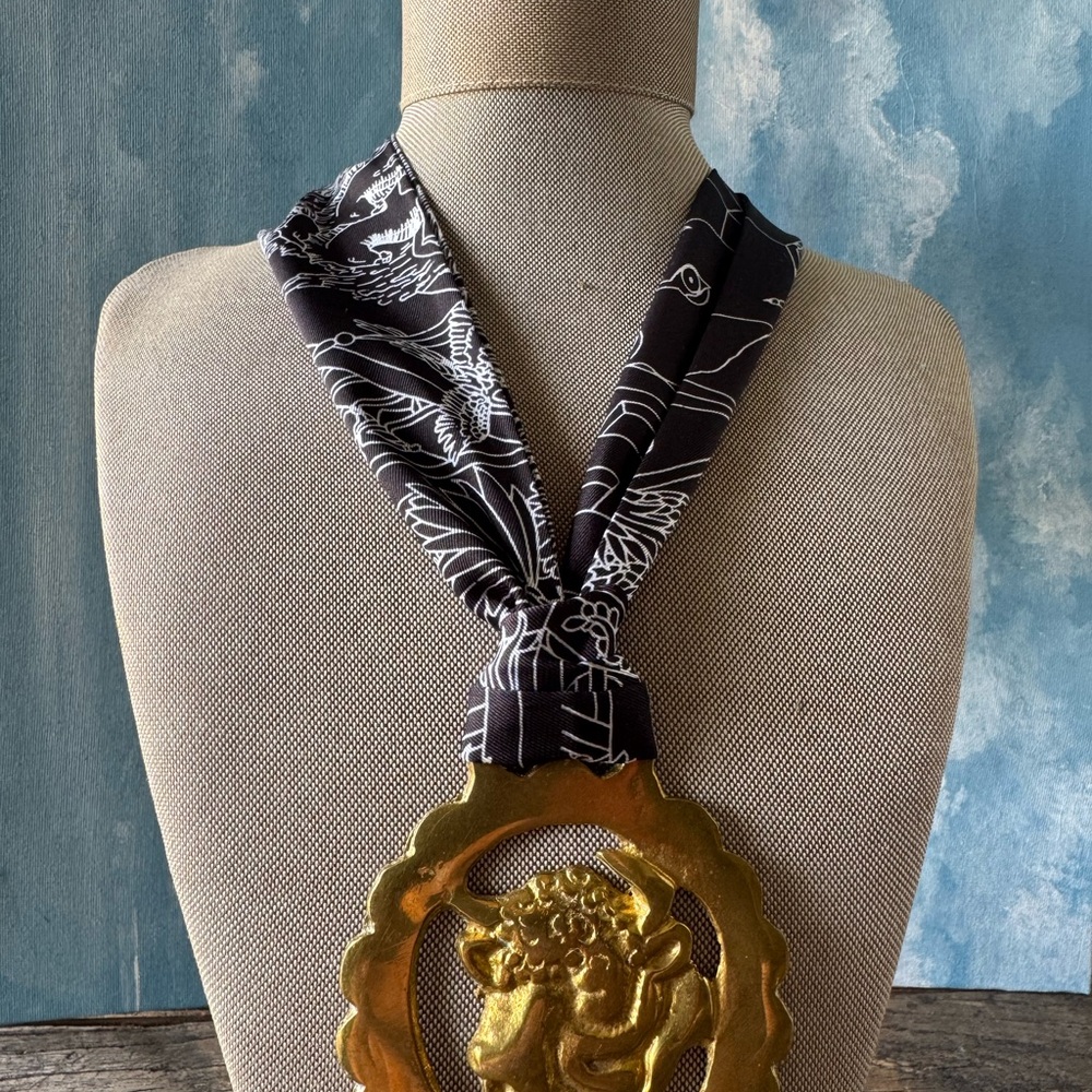 Black and White Graphic Scarf Necklace with Statement Gold Pendant